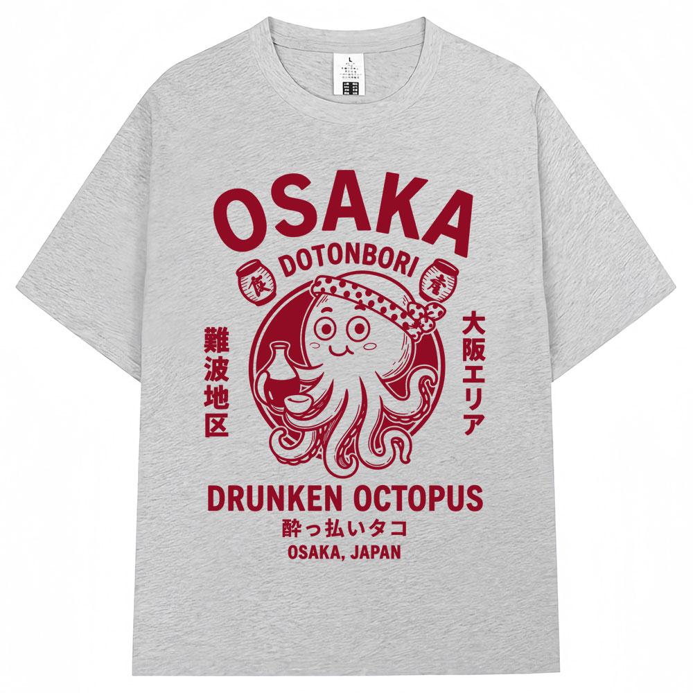 Japanese Style Osaka Drunken Octopus Graphic Tshirt Unisex Unisex Dotonbori Vintage Tshirts Loose Cotton T Shirts Streetwear Gifts