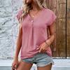 Casual Loose Women Short-Sleeved V-neck Button Pullover Solid Color T-shirt Top