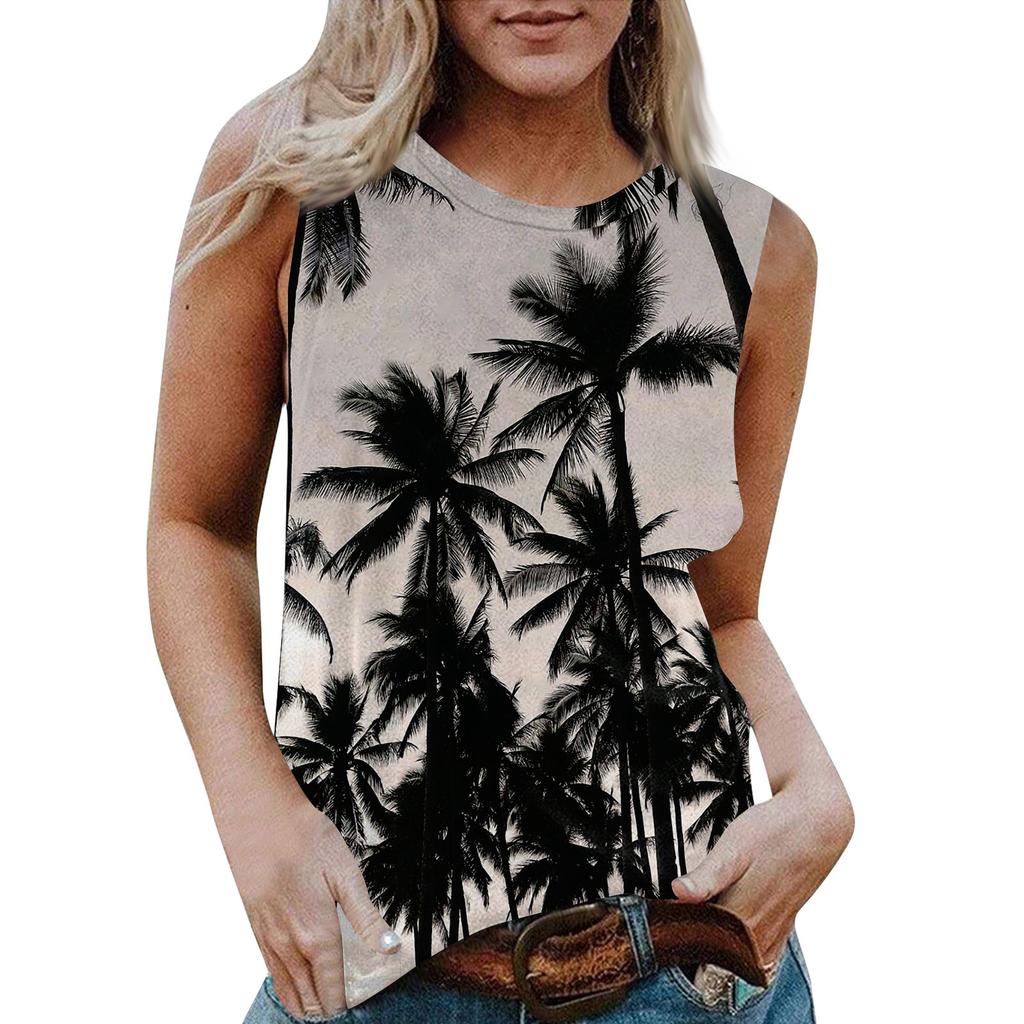 Женская повседневная футболка без рукавов с круглым вырезом и гавайским принтом