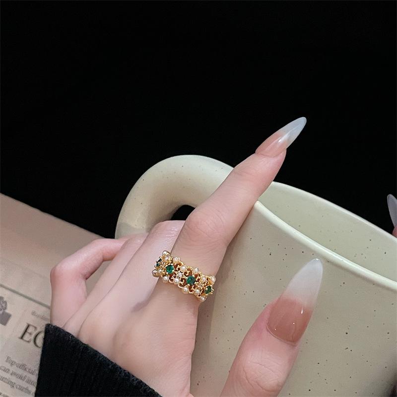 Fashion Gold Emerald Drop Glaze Open Ring Zircon Enamel Personality Light Luxury Premium Retro Ladies Ring