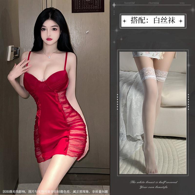 Sexy mesh yarn with chest pad summer suspender free nightgown women's lace backless perspective pure desire passion temptation