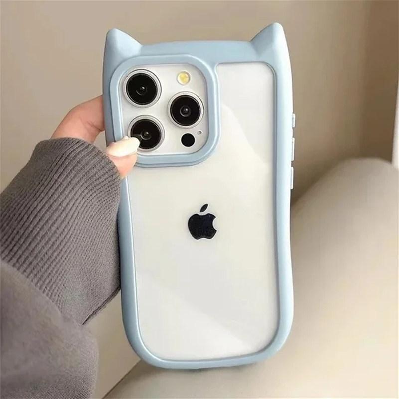 Soft Silicone Cute Cat Ear Phone Case For iPhone 11 12 13 14 15 Pro Max Transparent Shockproof Hard Acrylic Bumper Back Cover