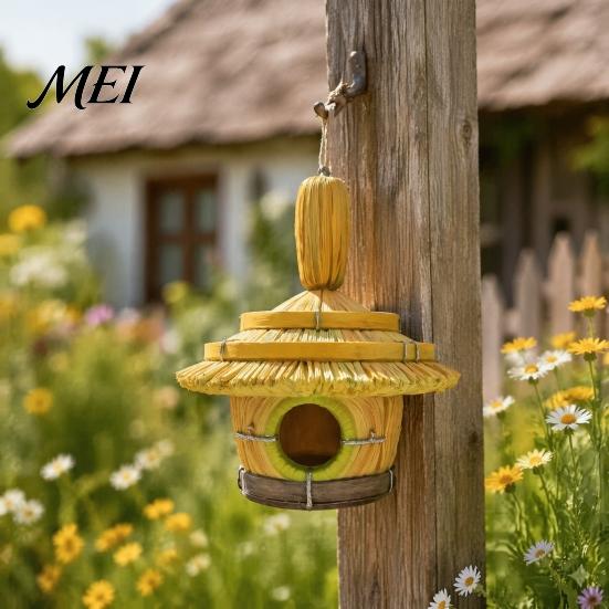 Bird Watching Gift for Lovers Thatched Hut House, Decorative Resin Weatherproof Sun Resistant Nesting Box Hanging Shelter Outdoor Garden Backyard