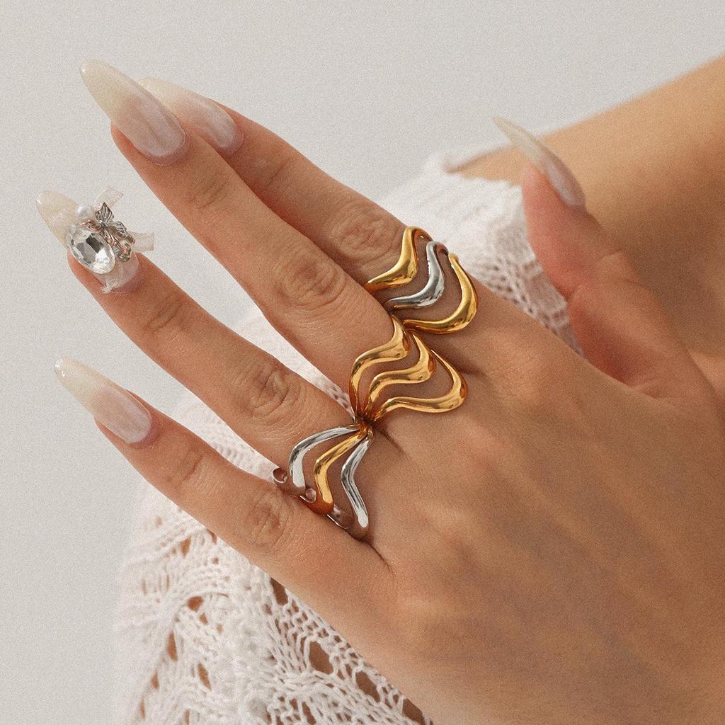 Европейское и американское геометрическое трехслойное полое золото и серебро открытое кольцо