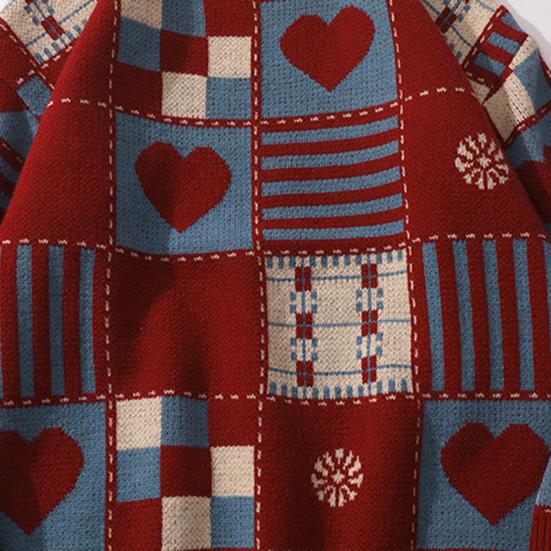 Unisex Winter Sweater Plaid Printing Retro Style Round Neck Long Sleeves Multi Patterns Couple Knitted Sweater for Home School Commuting