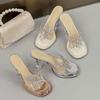 Rhinestone High Heels Slippers Women's Outer Wear Summer 2025 New Beautiful Thick Heel Sandals Crystal Transparent Cool Slippers
