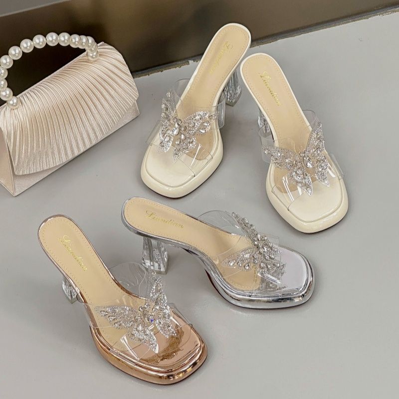Rhinestone High Heels Slippers Women's Outer Wear Summer 2025 New Beautiful Thick Heel Sandals Crystal Transparent Cool Slippers