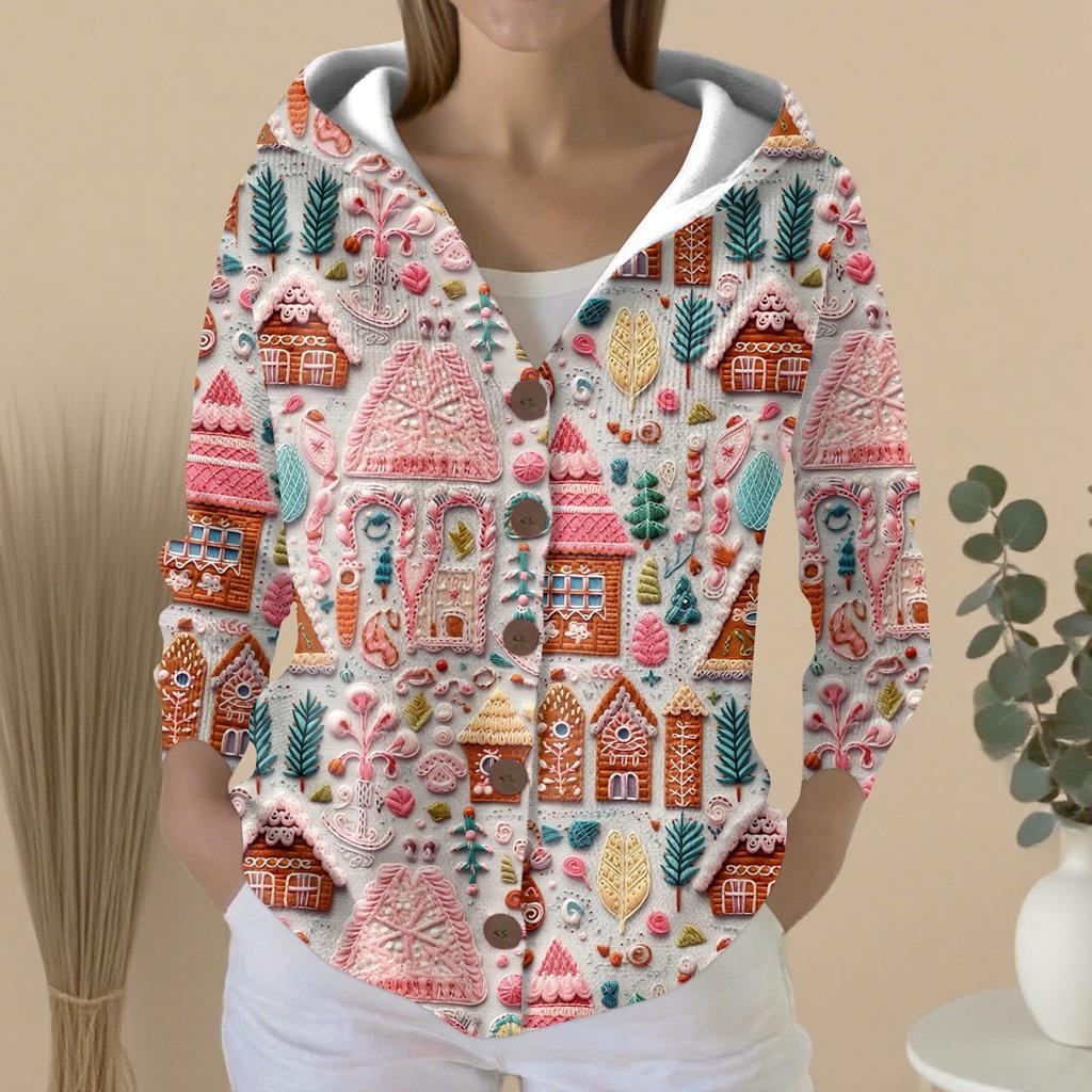 Женский модный повседневный свитер на пуговицах с принтом, кардиган, куртка с капюшоном