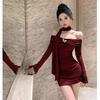 Neck purple long-sleeved dress women's autumn and winter pure desire sexy slim-fitting hip skirt one-word shoulder celebrity inner skirt