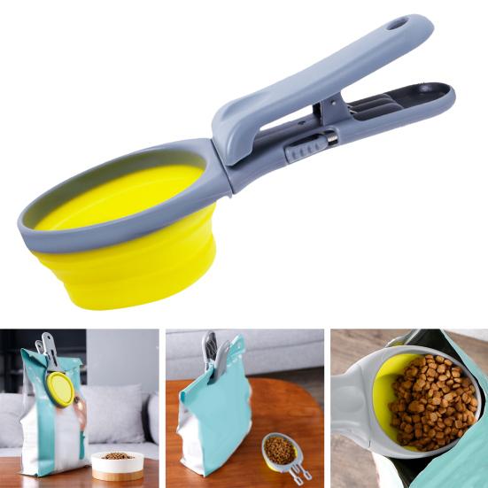 3-in-1 Collapsible Pet Scoop Measuring Cups Bag Sealing Clip Portable Dog Cat Food Spoon for Travel Feeding