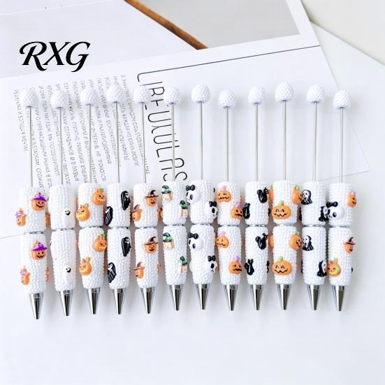 Pumpkin Shaped Ballpoint Pens Halloween Rhinestone Beadable Pen, DIY Sparkly Cat Ghost Plastic Beaded Spooky Stationery Glitter Black Ink Pen