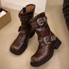 Fashion New Autumn Chunky Single Boots Women's Square Metal Belt Buckle Side Zipper Thick Sole Non-slip Mid-calf Boots