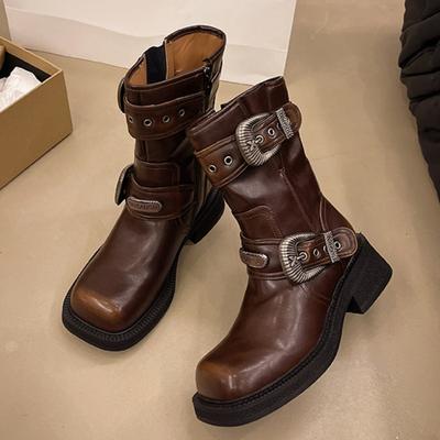 Модные новые осенние массивные одинарные ботинки женские квадратные с металлической пряжкой на ремне, с боковой молнией, на толстой подошве, нескользящие полусапоги