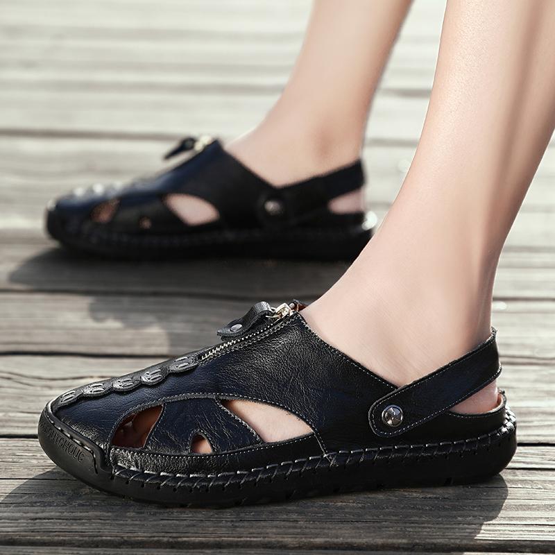 Fashion Black Leather Men Casual Shoes High Quality Slip On Sandals Comfort Breathable Loafers for Men's Shoes Moccasins Beach Slippers