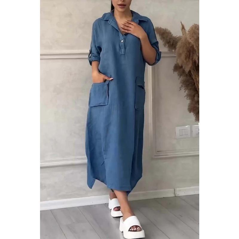 Весенне-осеннее женское платье больших размеров, однотонное, повседневное, длинные платья с карманами и лацканами