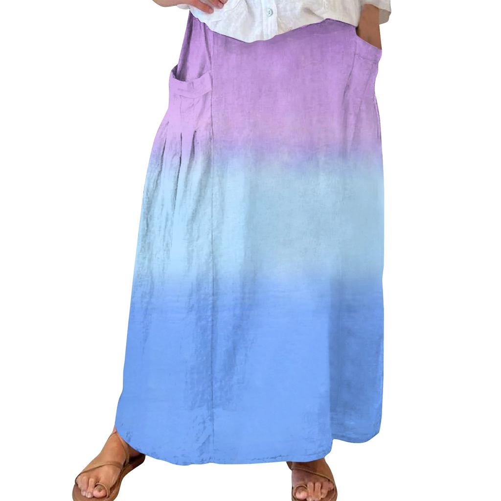 Women Casual Loose Boho Elastic Waist A-Line Beach Flowy Swing Vacation Maxi Skirt With Pocket