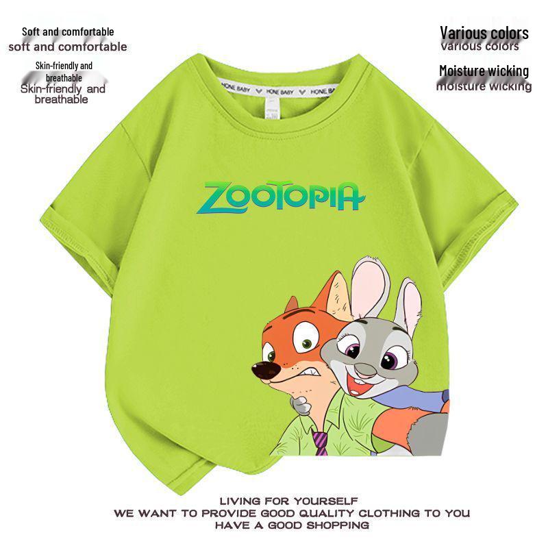 Детская футболка Zootopia с мультяшным принтом - Короткий рукав, 100% хлопок, Стильный летний топ для мальчиков и девочек