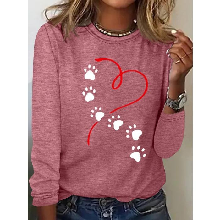 Round Neck 3D Printed Love Cat Footprint Pattern Top Fashionable Casual Long Sleeved Women's T-shirts