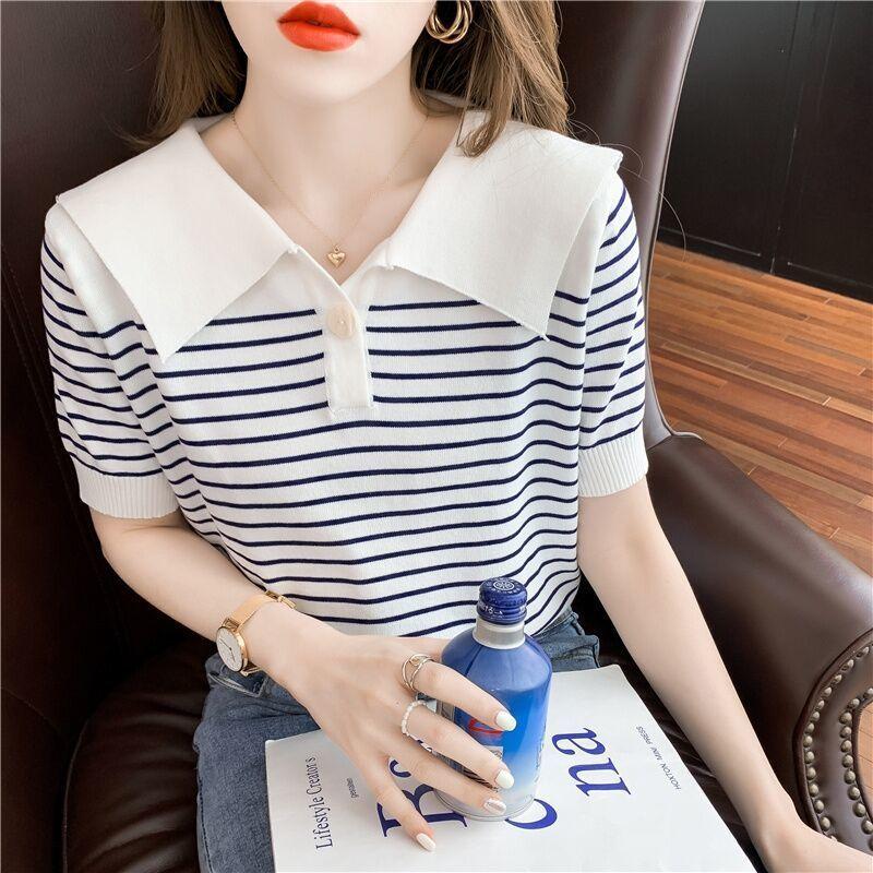 Женская футболка с коротким рукавом Ice Silk, летний тонкий трикотажный топ в полоску, дизайн Sense Niche