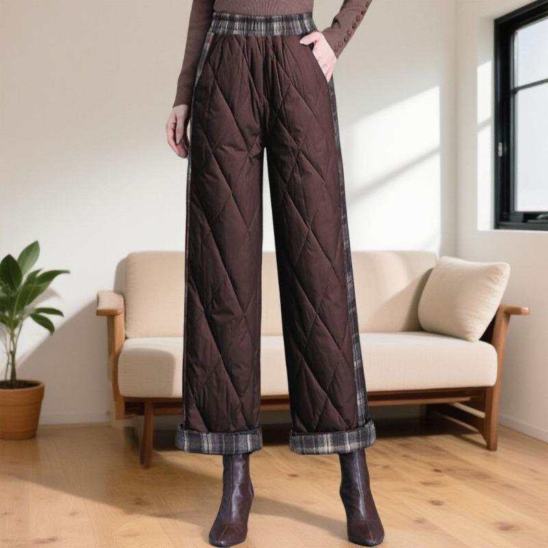 Модные женские зимние теплые брюки с высокой талией и хлопковой подкладкой, клетчатая лоскутная работа, широкие брюки на флисовой подкладке