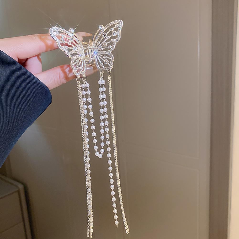 Rhinestone Butterfly Pearl Fringe Hairpin Fashionable Temperamental Hair Claw Clip Headwear Hair Accessory for Women
