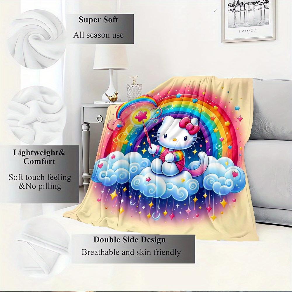 1pc Hello Kitty Rainbow Cloud Flannel Blanket - Seasonal Home Decor, Comfortable and Machine Washable, Perfect for All Ages, Perfect for Any