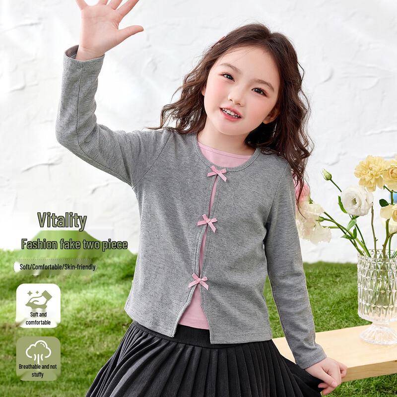 Girls' Long-Sleeve Bowknot Mock-Layer T-Shirt