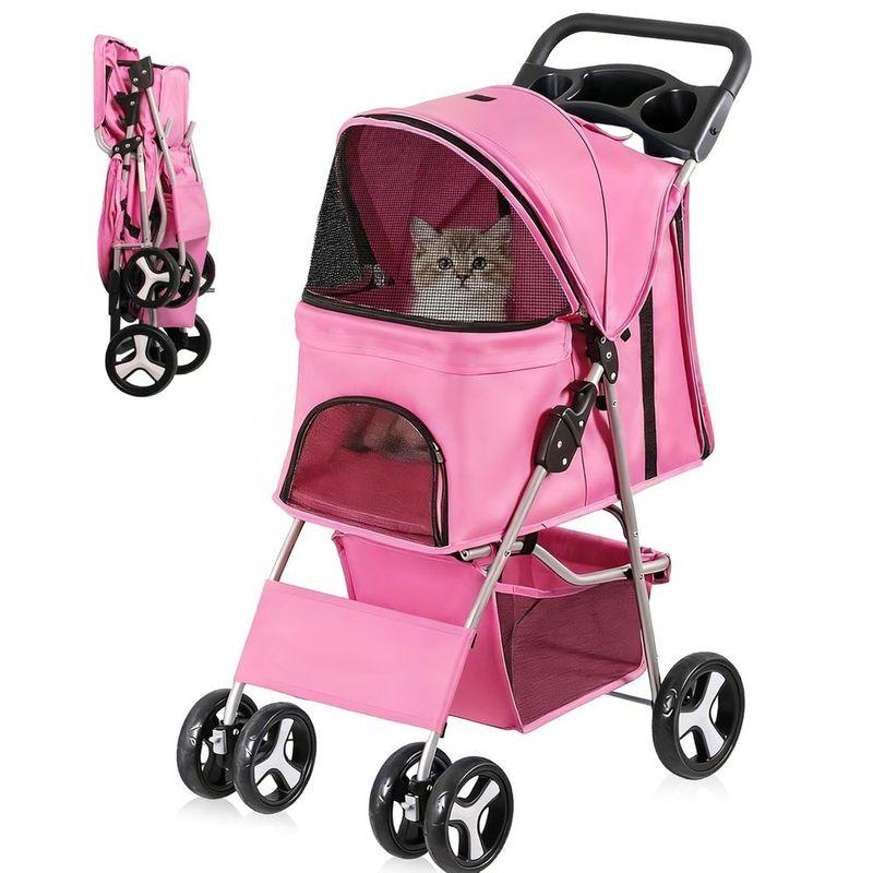 Pet Stroller, Cat/Dog Stroller with 4 Wheel, Travel Carrier Strolling Cart with Storage Basket, Cup Holder (Pink)