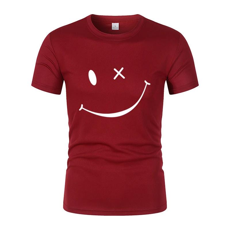 Быстросохнущая дышащая однотонная мужская новая модная простая футболка с забавным принтом смайликов с короткими рукавами, повседневные уличные топы для мужчин
