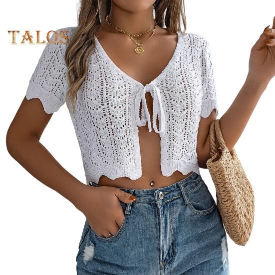 Women Crochet Tops Short Sleeve Lace-up Hollow Design Knitting Tops Sun Protection Summer Vacation Tops