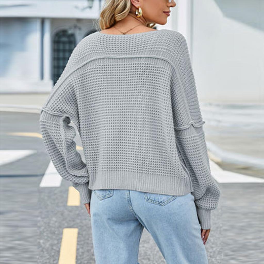 Women's Fashion V Neck Solid Color Off Shoulder Knitted Knitted Sweater Pullover Sweater Long Sleeved Top