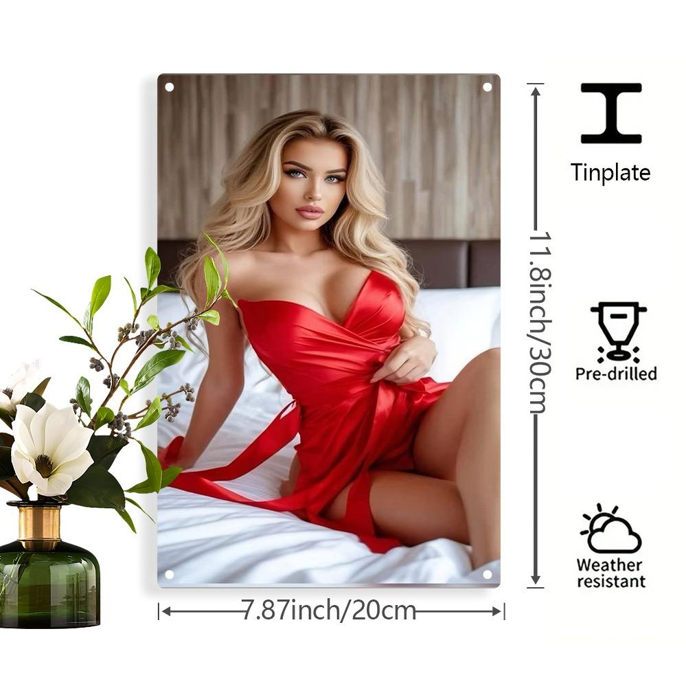 Винтажный металлический настенный декор Ретро блондинка в красном платье Толстая железная пластина Предварительно просверлено Декор для дома офиса бара 7,87x11,8 дюйма Подарок