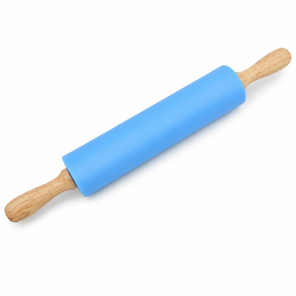 Rolling Pin with Blue Smooth Cylinder and Wooden Handles, 38 cm Dough Roller for Pizza, Cookies, Pastry and Dumplings