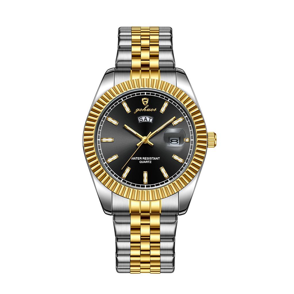 Gohuos 58832 Men's Silver Gold Stainless Steel Quartz Wristwatch Black Dial Week Date Display Waterproof Business Dress Watches