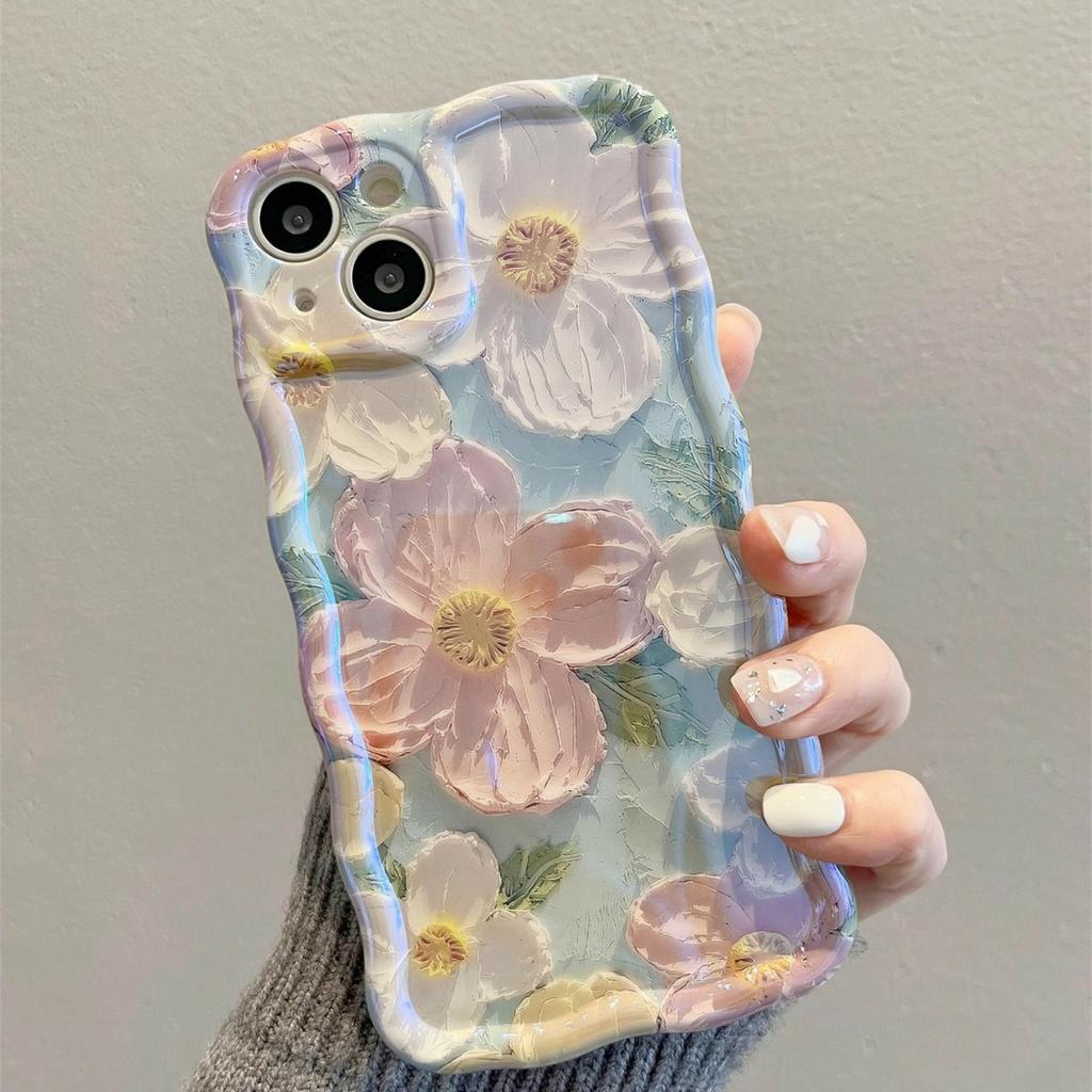 For iPhone 13 Case Oil Painting Flower Pattern TPU Phone Cover with Curly Wave Frame