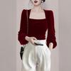 Spring Autumn New Solid Color Fashion Long Sleeve Blouse Women High Street Square Collar Pullovers Korean Style All-match Tops