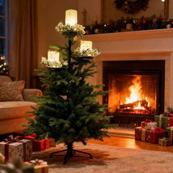 Christmas Tree Topper Candle Holder 3-Tier Metal Triple Candle Tree Topper Shelf Candelabra Indoor Light-up Xmas Tree Topper Decoration