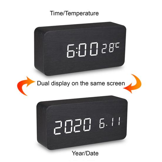 Деревянный будильник Yousheng с большим светодиодным экраном, легко читаемый, затемняемый, цифровой будильник с функцией повтора и дисплеем температуры