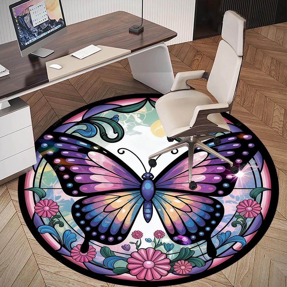 1pc Butterfly Flowers Round Chair mat office Area Rug - Non-Slip, Floor Mat for Office, Bedroom, Ideal home decor gift c0112058