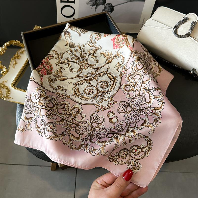 Spring/Summer New70*70cm Square Scarf Breathable Flower Print Neckerchief Women’s Classical Imitation Silk Bandannas
