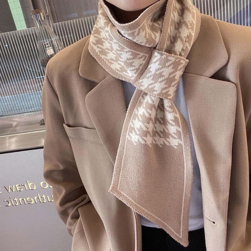 New Knitted Small Scarf Women's Wool Scarf Autumn and Winter Small Ears Letter Camellia Narrow Scarf