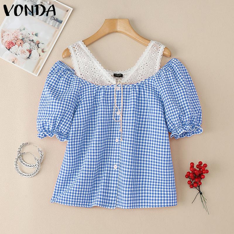 VONDA Женские летние топы с коротким рукавом и без бретелек, кружевные, в клетку, с принтом в стиле пэчворк