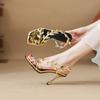 Gold Patent Leather Leaf High Heels Female 2025 Summer New Fairy Wind Word with Thin Heel Square Toe Sandals