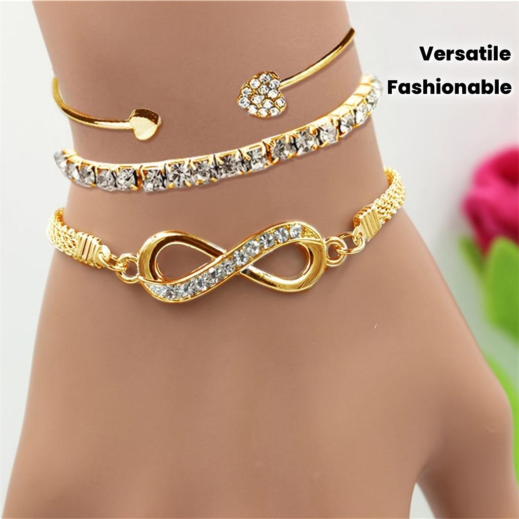 3 Pcs Ladies' Bracelet Set Stylish and Elegant Rhinestone Infinity Symbol Tennis Chain Clasp Bracelet Set An Ideal Gift for Your Best Friend