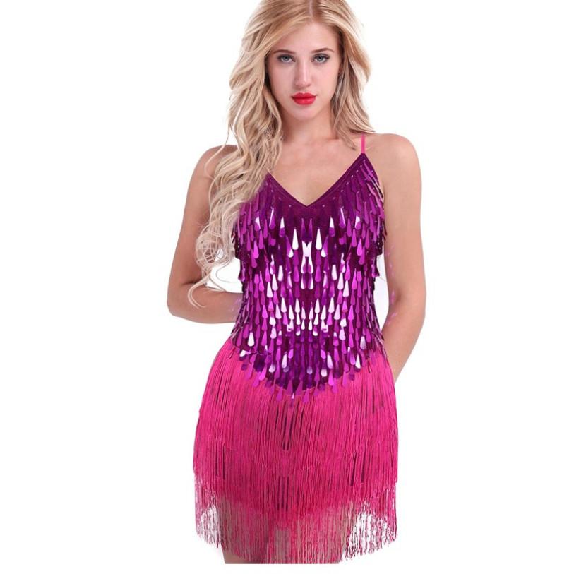 Women Sleeveless Sparkling Sequins Fringe Ballroom Samba Tango Latin Dance Dress Stage Performance Costumes