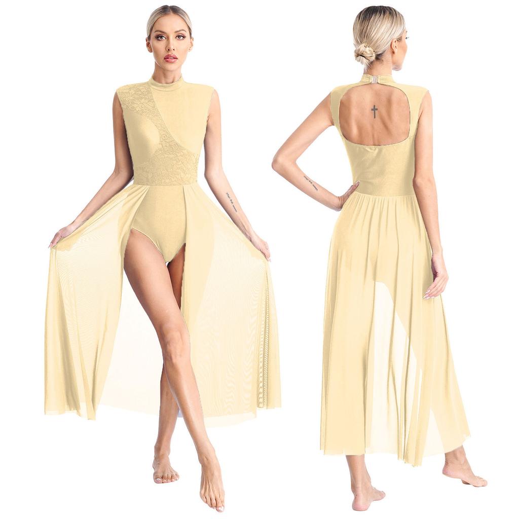 Женское современное лирическое танцевальное платье, балетное гимнастическое трико без рукавов, шифоновое струящееся платье, танцевальная одежда для выступлений на сцене