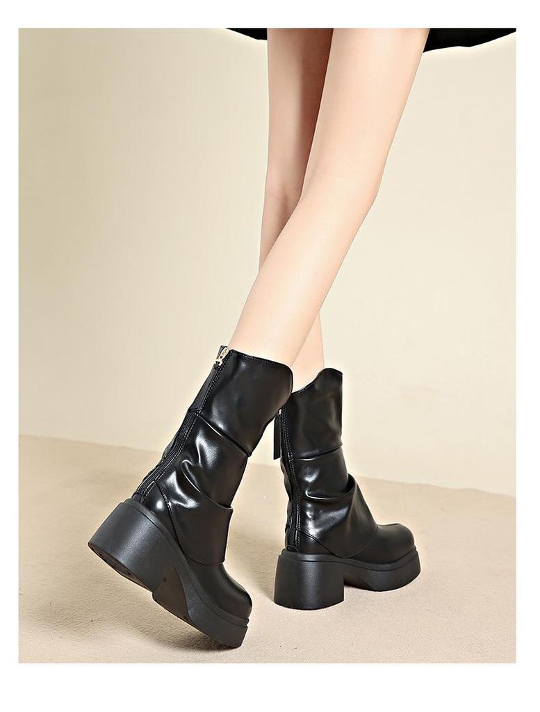 Плиссированные кремовые сапоги на толстом каблуке - 2025 осень/зима британская мода женские сапоги на высоком каблуке