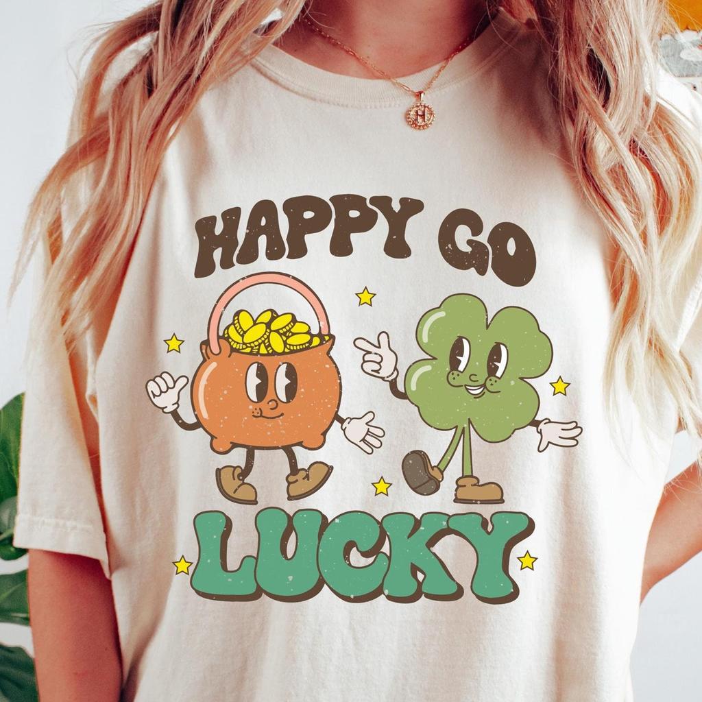 Retro Comfort St Patricks T-shirt, Happy Go Lucky Shirt, St Patricks Day Sweatshirt, Lucky Shamrock Tee, Women's St Patty's Day Gift