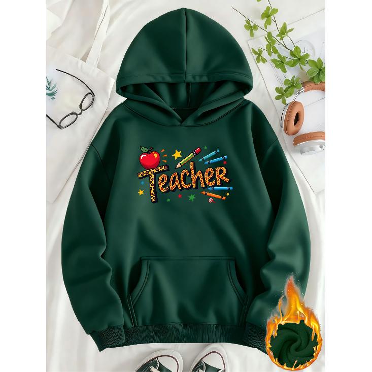 Cozy & Warm Teacher Graphic Print Fleece Lined Hooded Sweatshirt with Kangaroo Pocket
