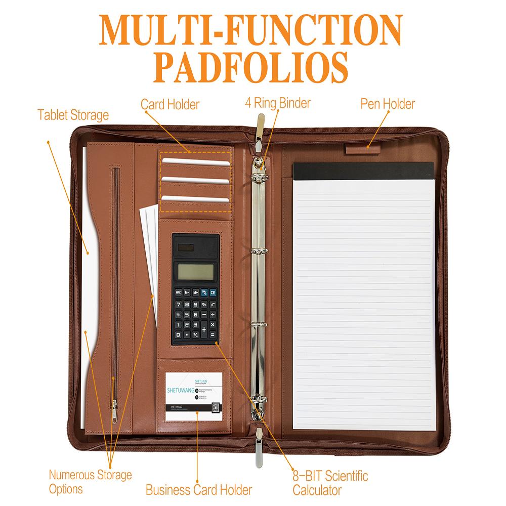Portfolios Organizer 4-Ring Binder Leather A4 Zippered Padfolio with 10 Inch Tablet Solar Calculator Card Storage and Writing Pad